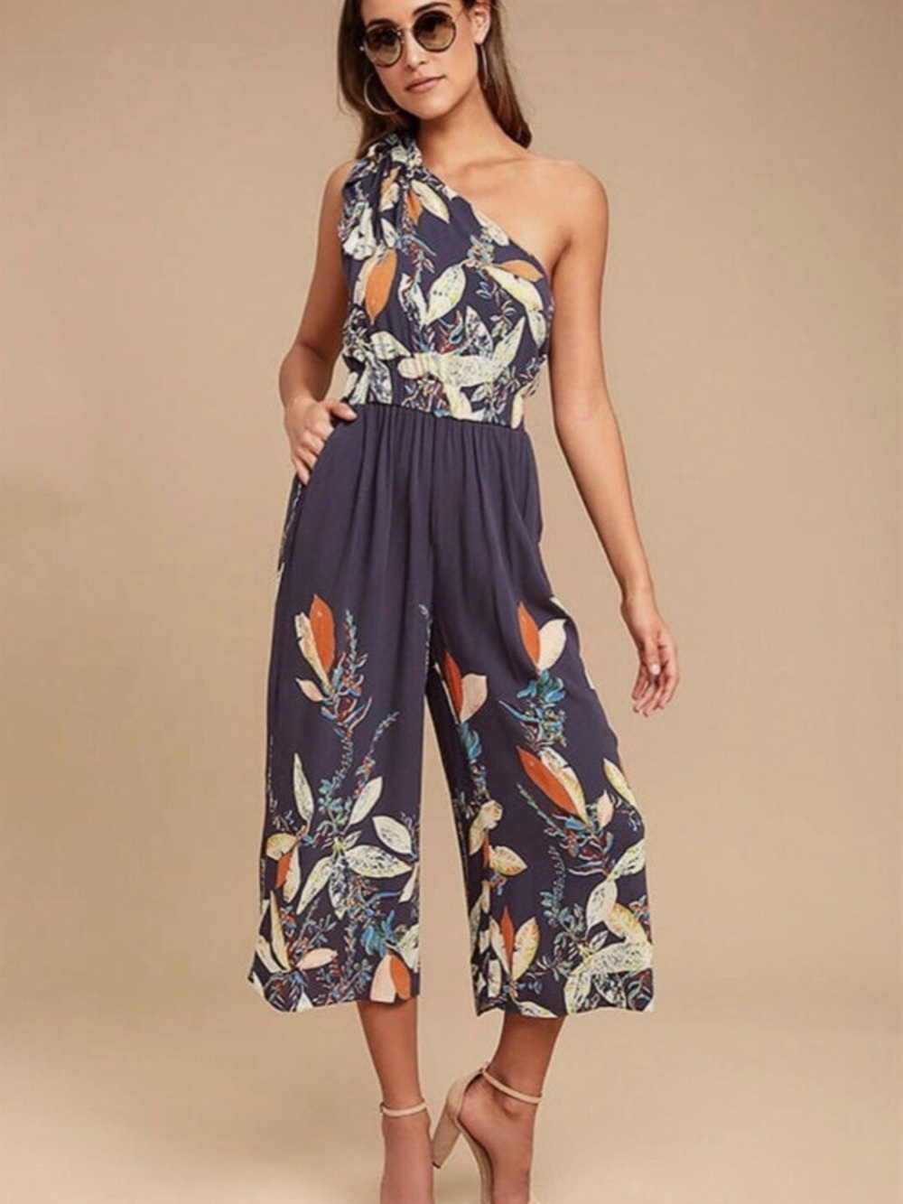 Free People One-Shoulder Floral Jumpsuit in Navy and Orange